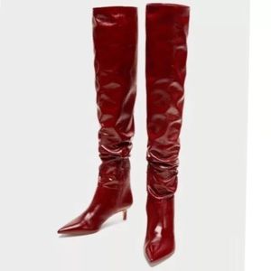 Zara red burgundy leather boots gathered knee